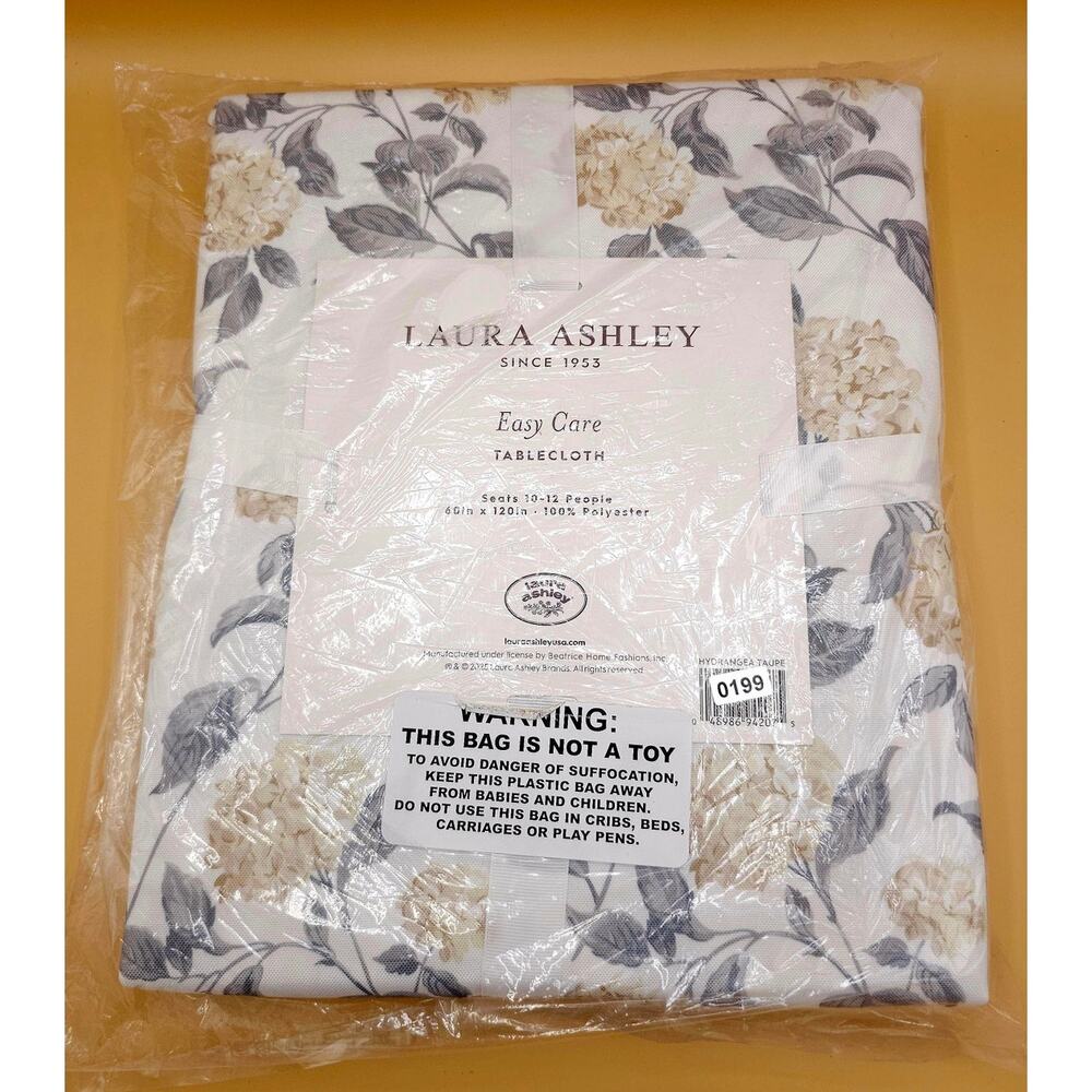 Laura Ashley Decorative Tablecloth 60" x 120" Hydrangea Taupe Seats 10-12 Sealed